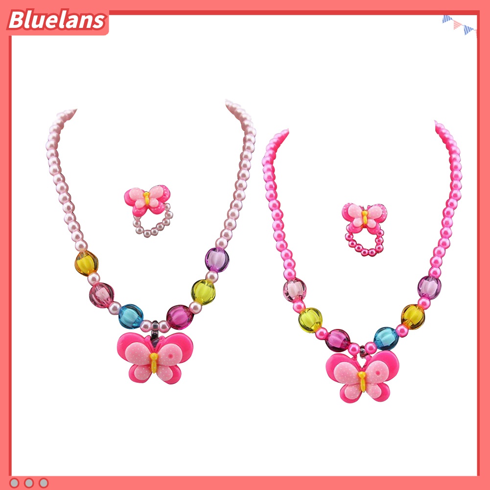 Bluelans 3Pcs / Set Perhiasan Kalung Gelang Cincin Manik-Manik Kupu-Kupu Bebek Kuning Untuk Anak Perempuan