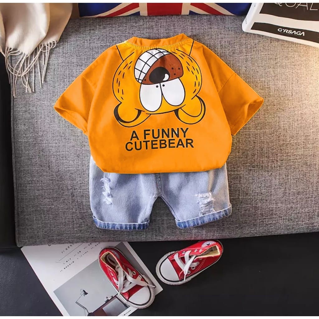 SETELAN KAOS ANAK MOTIF CUTE BEAR DENIM - PAKAIAN ANAK UMUR 6-10BLN 1-5THN UNTUK ANAK LAKILAKI DAN ANAK PEREMPUAN - TRENDY SAAT INI BAHAN COMBED CELANA DENIM PENDEK - ADEM DAN NYAMAN SAAT DIPAKAI ANAK SIBUAH HATI- GAMBAR KEREN DAN LUCU DIBAJU NYA KEKINIAN