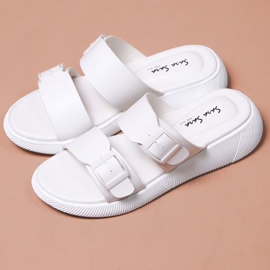 SARASARA YUK - Sandal Wanita Slop Casual Model Birken Sol Puyuh SARA SARA JEAN Sendal Selop Cewek Kulit Santai Strap Gesper Ban dua Empuk lucu Size 36 37 38 39 40 Warna White Putih Soft Anti Slip Original Kekinian Terbaru Shoes ORI Mall Official Store