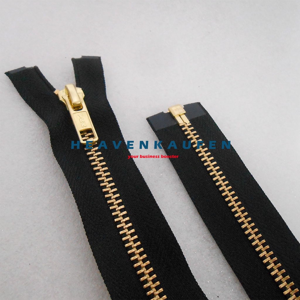 Resleting Zipper YKK 100 cm Atau 1 Meter Type Gigi Besi Hitam - Gold Emas Set Open End Buka Lepas