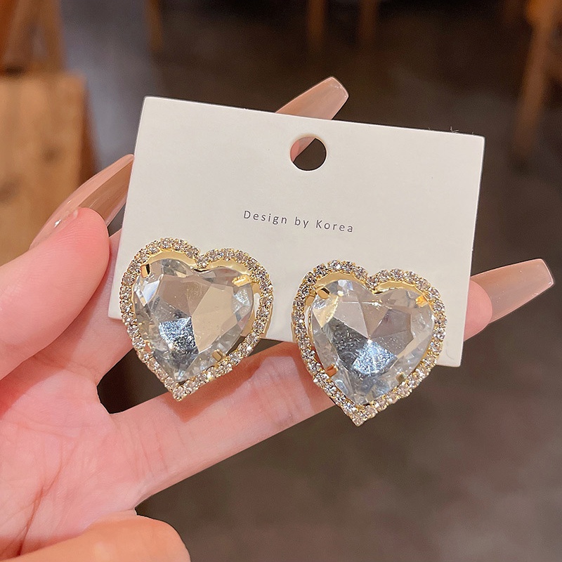 Anting Stud Kristal Bentuk Hati Bahan 925 silver needle