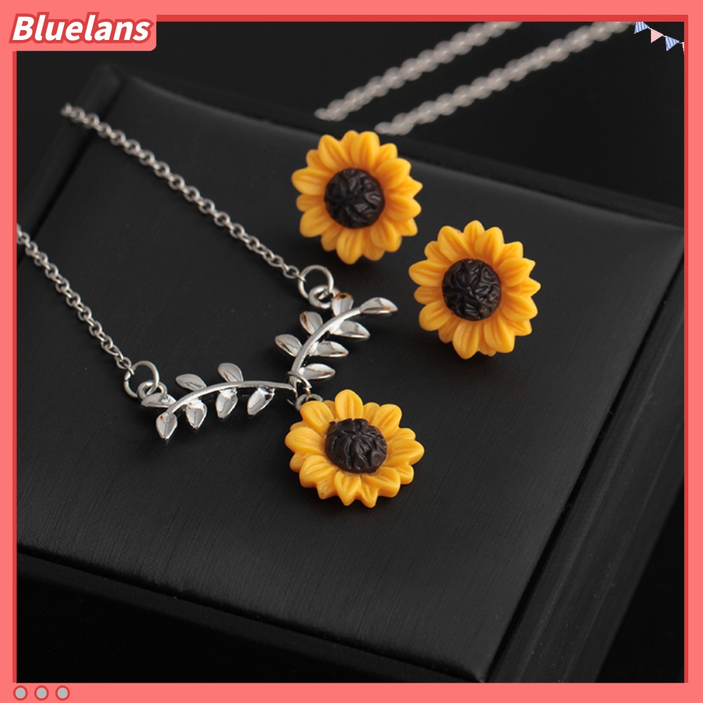 Bluelans Cute Sunflower Leaves Pendant Ear Studs Earrings Necklace Women Jewelry Set Gift