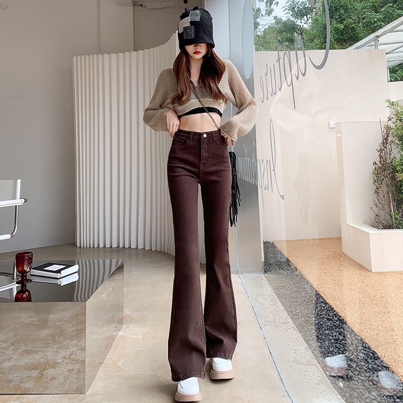 New coklat high waist murah stretch celana jeans panjang wanita