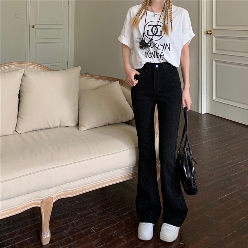 Highwaist Hitam Straight Celana Jeans Panjang Wanita / Korean Fashion Kasual Celana Cutbray Wanita