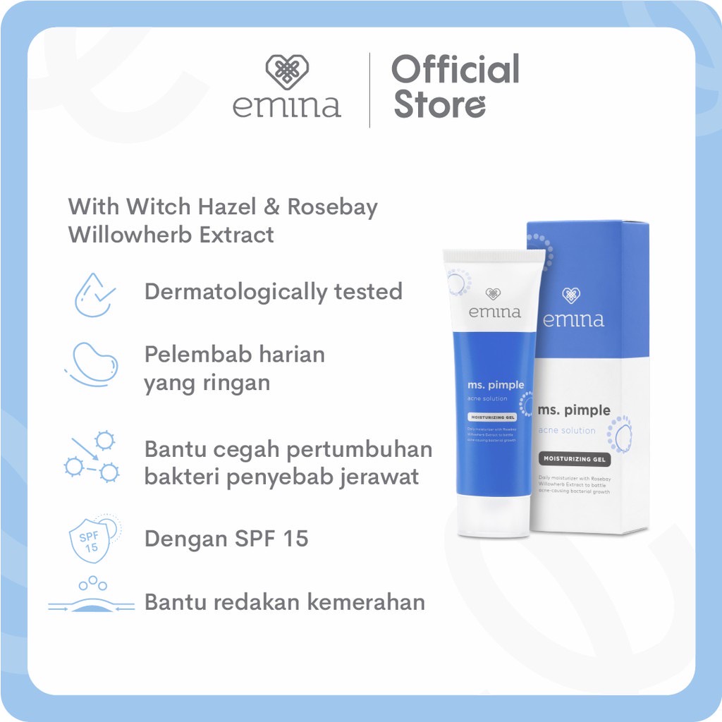 EMINA Ms. Pimple Acne Solution Moisturizing Gel Indonesia / Pelembab Wajah 20ml / Daily Moisturizer With Rosebay Willowherb Extract To Battle Acne-Causing Bacterial Growth / Kulit Jerawat Berjerawat / Skincare Face Care Facial Krim Day Night Muka / Series