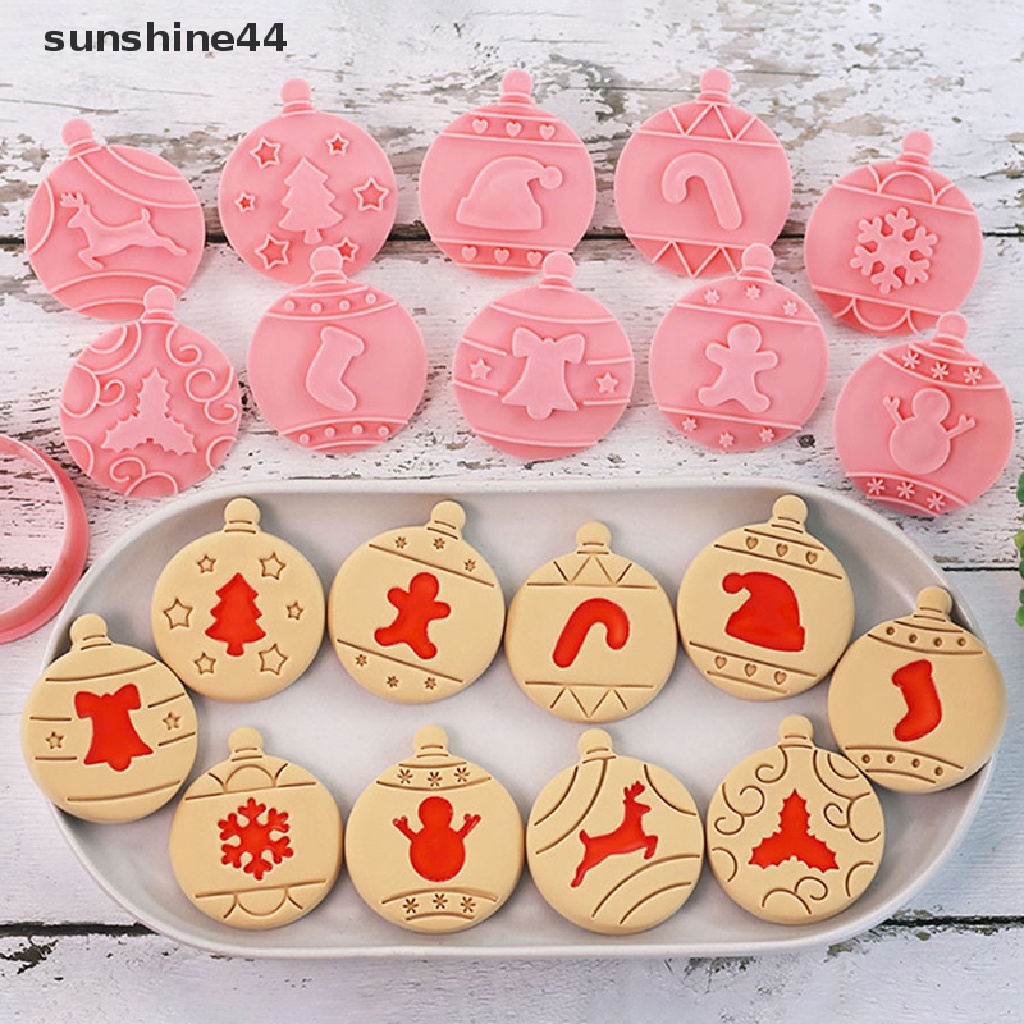 Sunshine 10Pcs / Set Stempel / Cap Fondant / Kue Bentuk Bulat Motif Pohon Natal