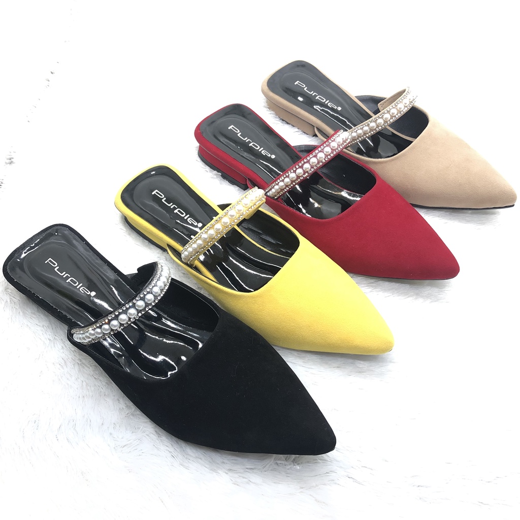 Sepatu Flat Shoes Wanita Mutiara slip on Mules Suede