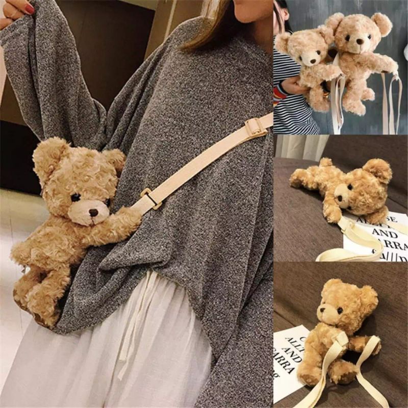 Tas Selempang BERUANG Merangkul / Tas Boneka Sling Bag Wanita &amp; Anak Bahan Bulu Korea Lembut / Tas Boneka Wanita Kekinian Termurah