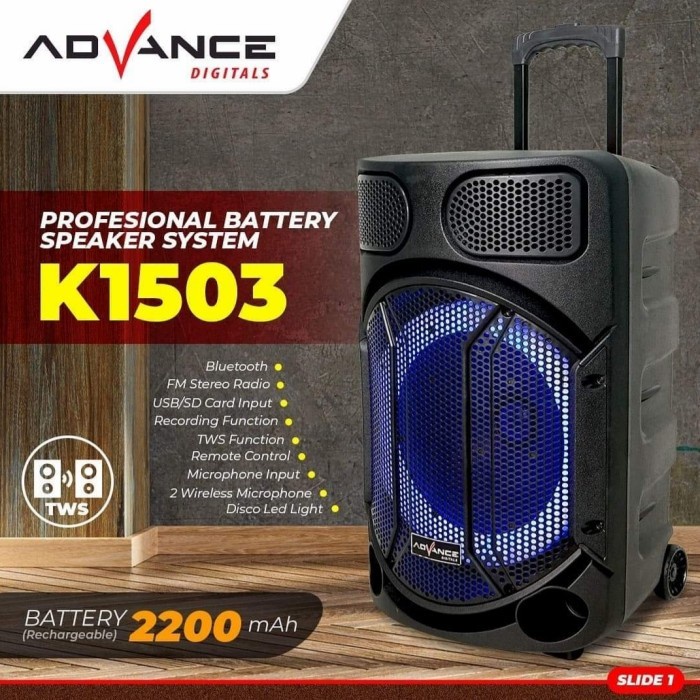 SPEAKER ADVANCE PORTABLE K-1503 K1503 BLUETOOTH 15 INCH KOPER + 2 MIC WIRELESS GARANSI RESMI