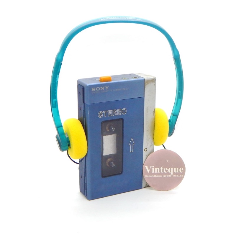 Headphone Walkman Vintage Antik Frame Biru Busa Kuning Rare