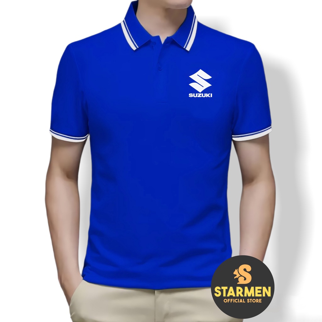 Kaos Polo Shirt Pria Kerah List Putih Logo SUZUKI