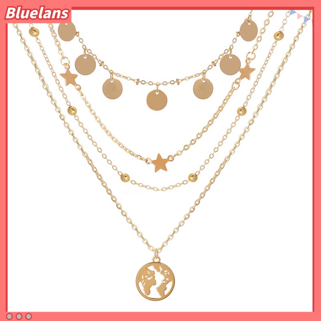 Kalung Multilayer Dengan Liontin Bulat Motif Peta Untuk Wanita