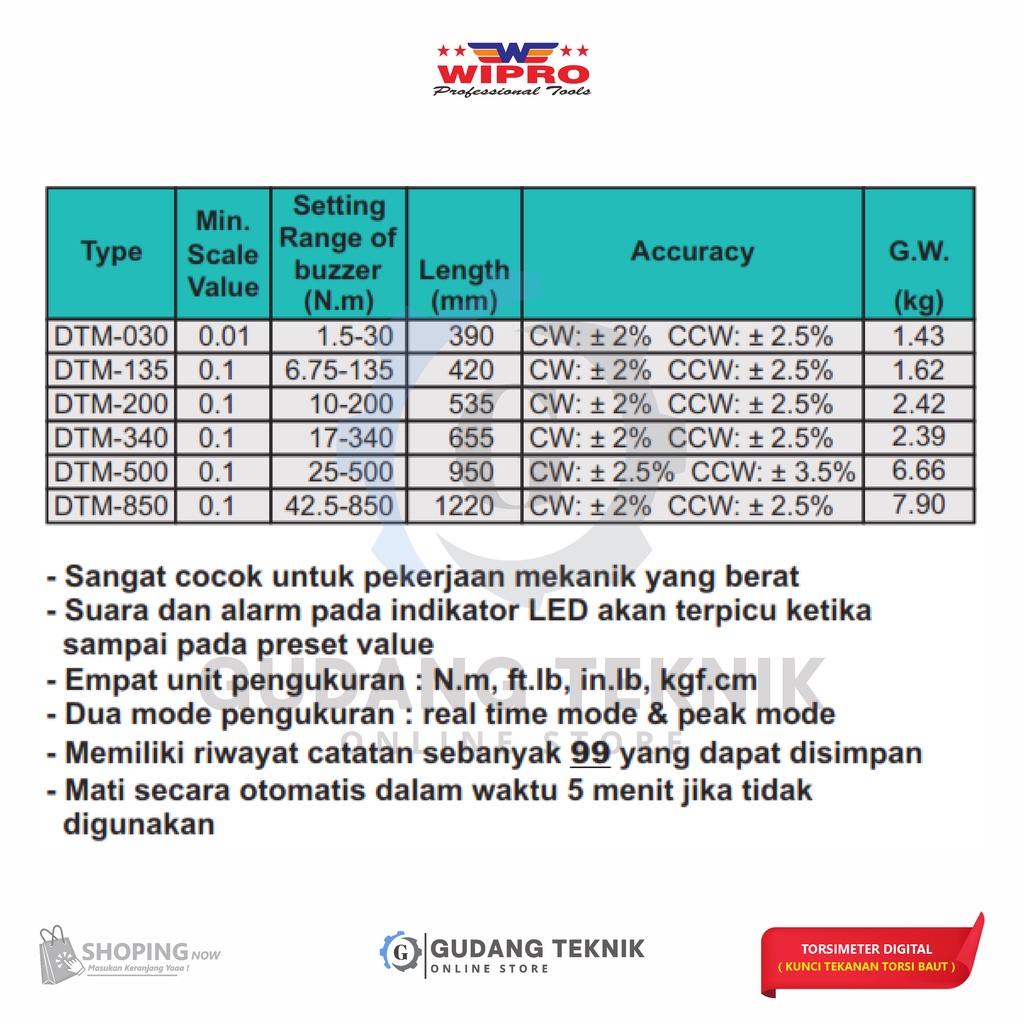 Torsimeter Digital 1/4&quot; WIPRO DTM-030 / Kunci Momen Torsi Baut 1.5-30 N.m WIPRO DTM030 - TORSI INDIKATOR LED  WIPRO DTM 030