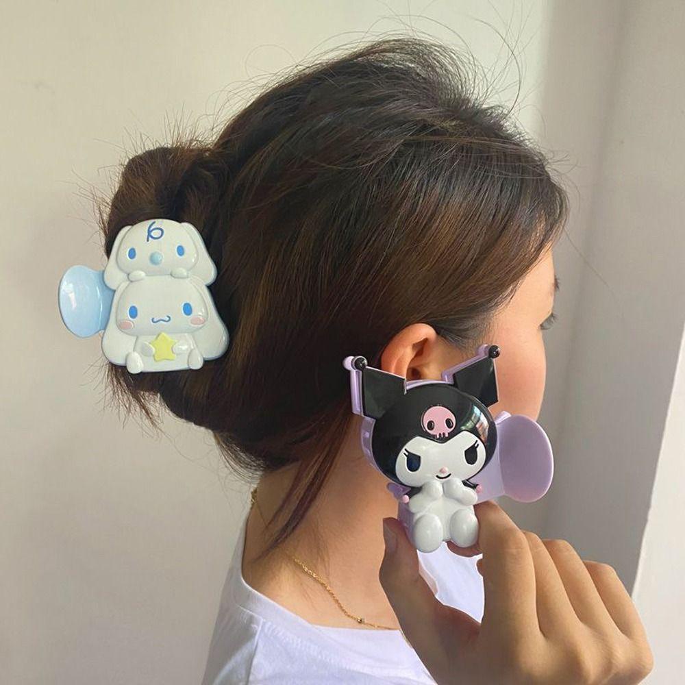 NEEDWAY Wanita Hair Claw Hairgrip Rambut Kepiting Klip Untuk Anak Perempuan Kuromi Melody Kartun Cinnamoroll Dog Ponytail Holder