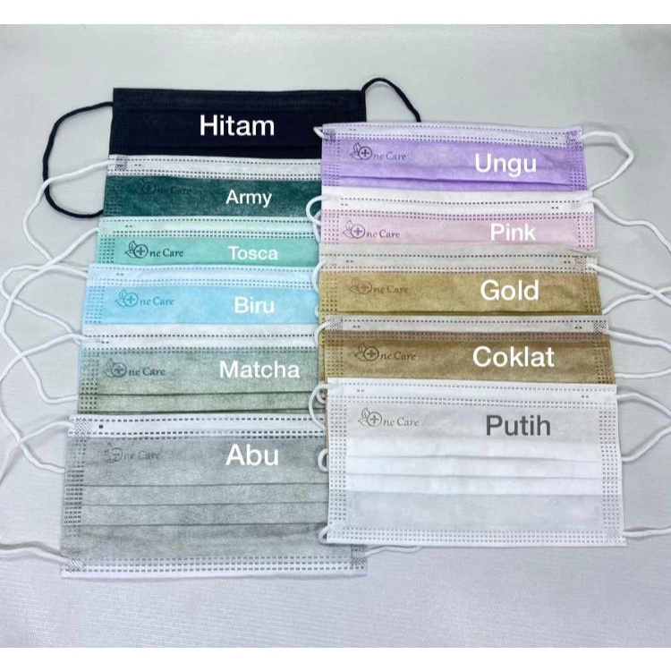 Ready masker 3 ply EARLOOP ONECARE EMBOS sudah sertifikat BNPB EARLOOP 3 PLY ONECARE HITAM PUTIH BIRU ABU ABU TOSCA HIJAU MATCHA COKLAT KREM GOLD UNGU PINK ARMY