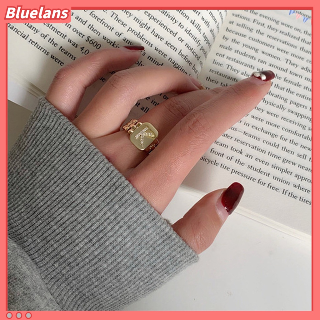 Bluelans Cincin Model Terbuka Adjustable Desain 26 Huruf Aksen Berlian Imitasi Untuk Unisex