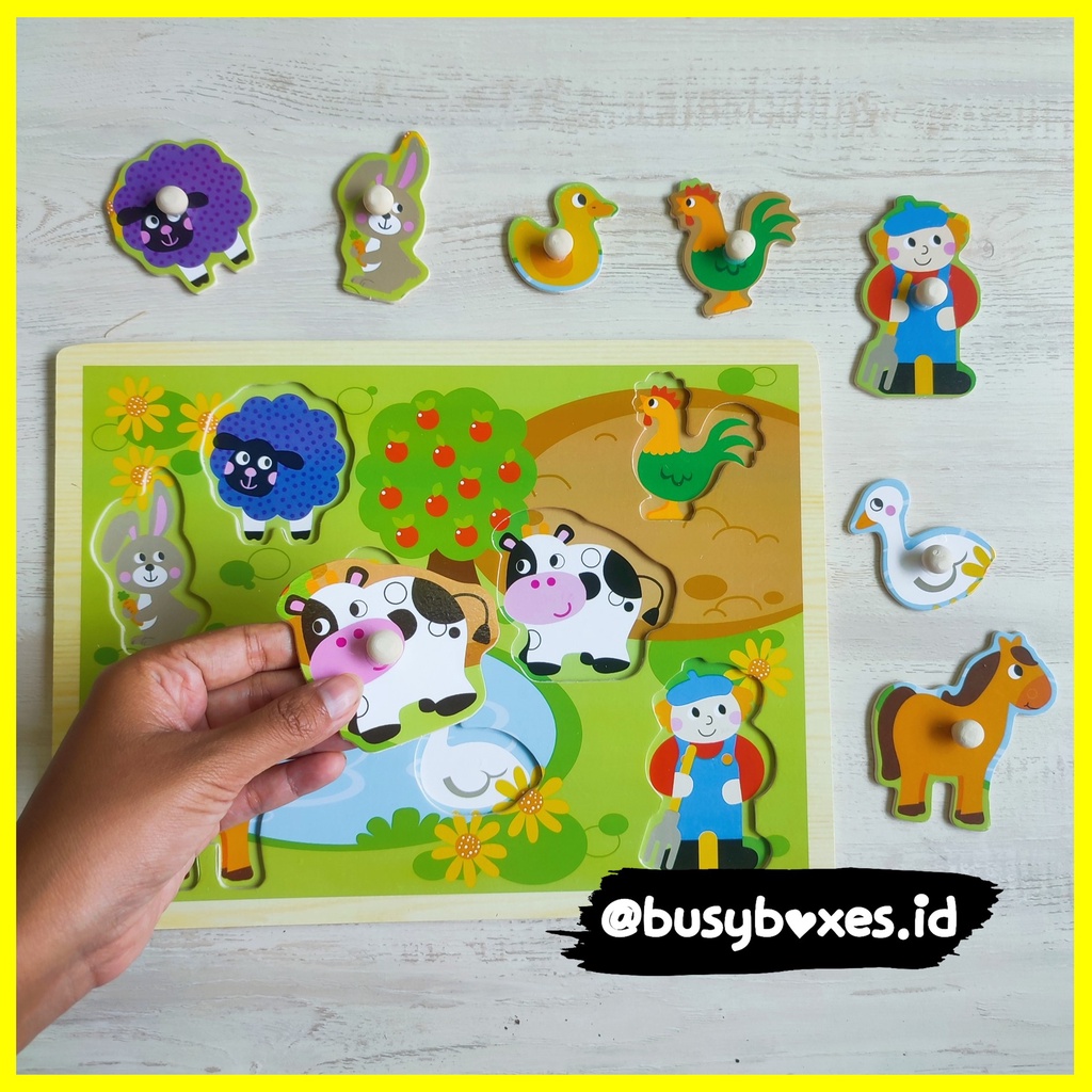 Busyboxes.id Mainan anak edukasi anak 1 2 3 tahun laki laki perempuan mainan edukasi Montessori puzzle jigsaw 3d kayu animals farm peternakan hewan ternak