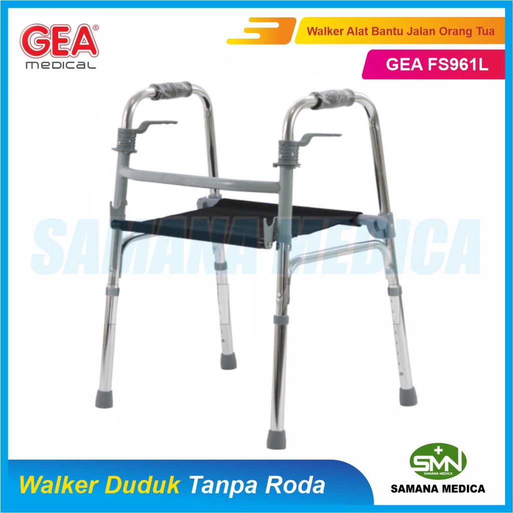 Walker Duduk GEA Tongkat Jemuran Tanpa Roda Alat Bantu Jalan Orang Tua Bisa Dilipat dan Atur Tinggi Chromed Promo Murah Steel FS961