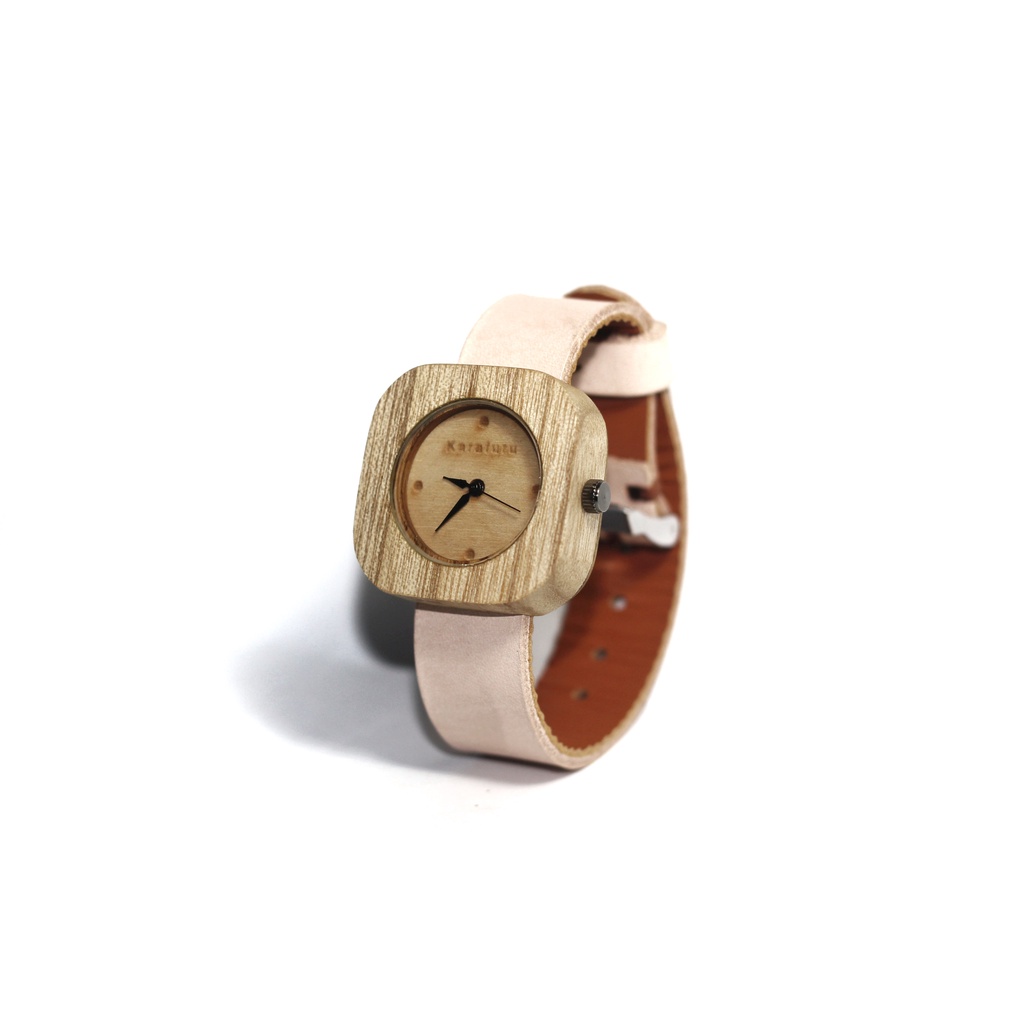 karafuru jam tangan kayu sungkai kotak mini wanita / pria /unisex strap natural kulit sapi