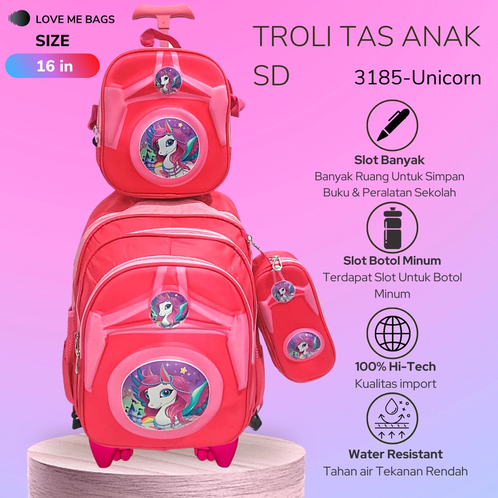 LMB Tas Troli Anak Sekolah SD Perempuan Import 3in1 Set Bahan Nilon Premium Karakter Kartun Lucu Kuat dan Nyaman Dipakai