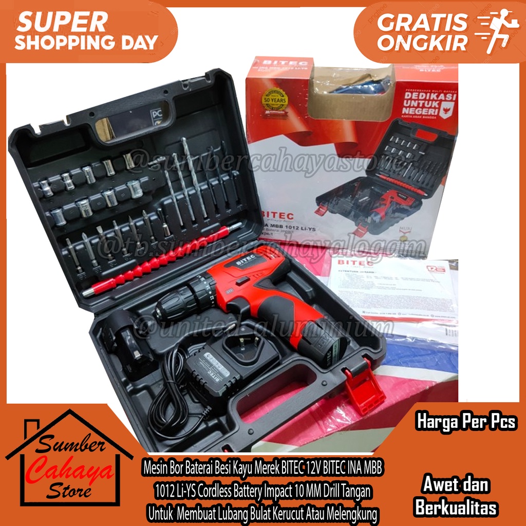 Mesin Bor Baterai Cas Batre Charger Merek Merk BITEC 12V BITEC INA MBB 1012 Li-YS Cordless Batrai Ba