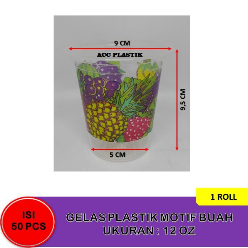 GELAS PLASTIK MOTIF BUAH / CUP PUSPAN BUAH UKURAN 16OZ ISI 50PCS