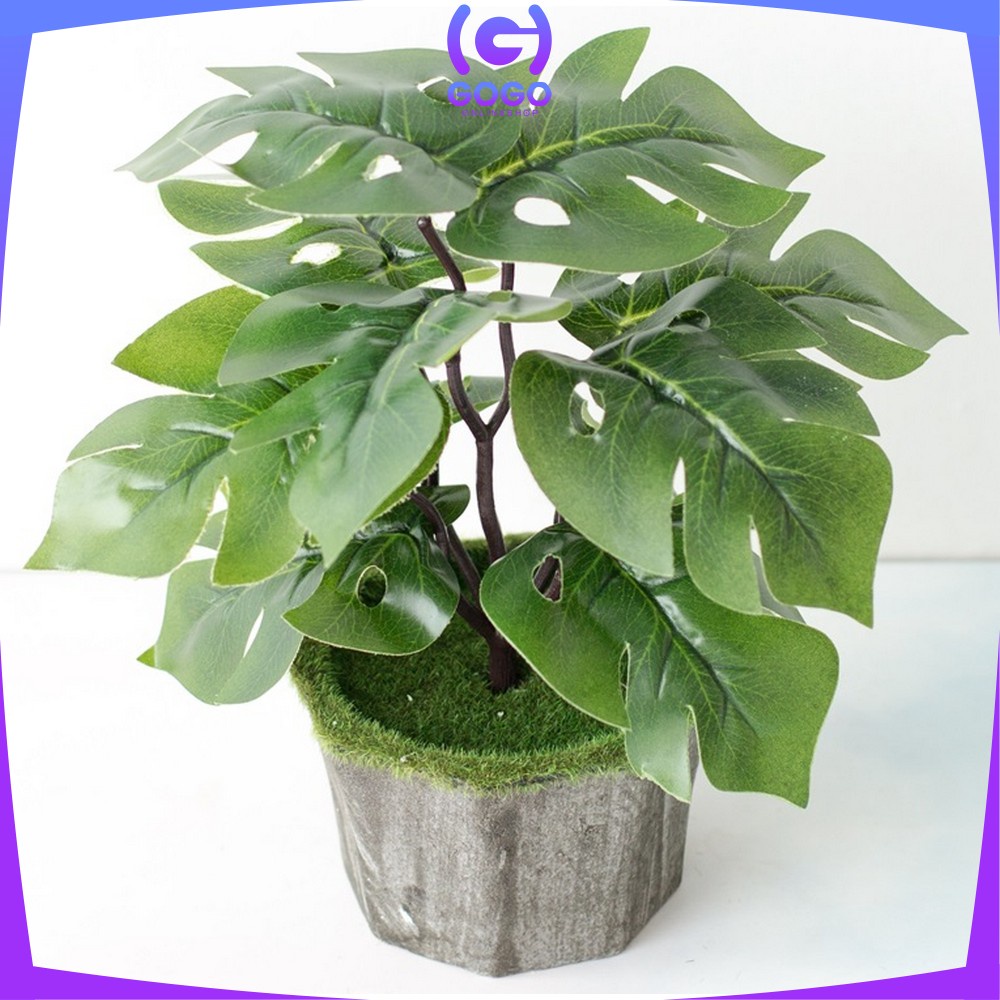 GOGO-C163 Ornamen Pot Tanaman Daun Plastik Hiasan Dekorasi Rumah Monstera Plastik Artificial Plant