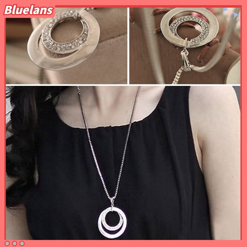 Bluelans Women Fashion Double Circles Rhinestone Inlaid Long Chain Necklace Jewelry Gift