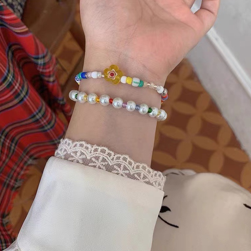 Ins Gelang Tangan Elastis Aksen Bunga / Mutiara / Kristal Imitasi Warna-Warni Ala Korea Untuk Wanita