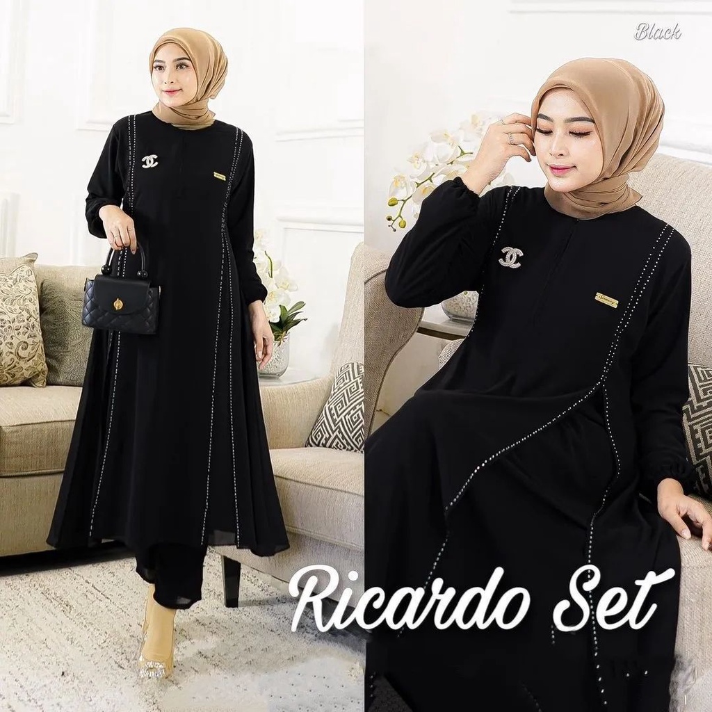 Ricardo Set Wanita Gamis Set Celana M L XL Atasan Malaysia Baju Stelan Ceruty Jumbo Model Terbaru Mo