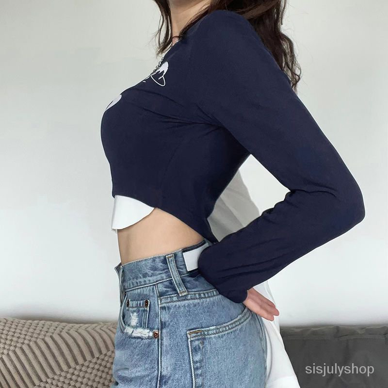 [✅BISA COD] #Sisjuly# Kaos Crop Top Wanita Y2k Top T-shirt lengan panjang wanita jahitan huruf sablon menunjukkan tren all-match atasan pendek tipis