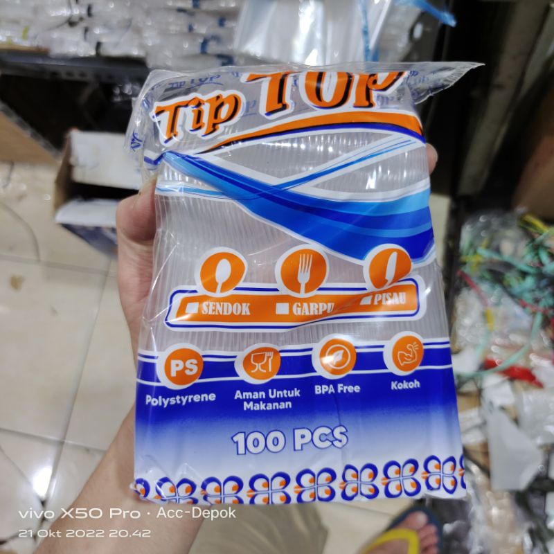 SENDOK MAKAN / SENDOK PLASTIK MEREK KLIR TIPTOP WARNA BENING ISI 100 PCS