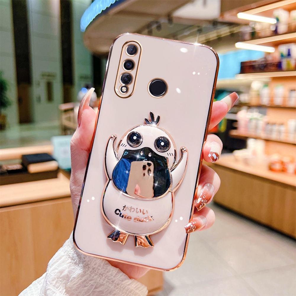 Vivo V21 V23 V23e V21e V20 SE V19 NEO Y50 Y30i Y30 Y51 2021 Y31 Y53S Y51A S1 Pro V15 Case Cute Duck Folding Stand Holder Luxury Plating Rubber Soft Phone Cover Rixuan