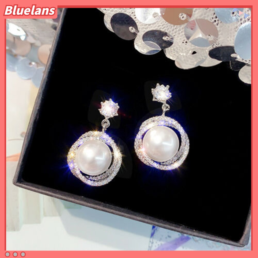 Anting Stud Bentuk Lingkaran Aksen Mutiara Berlian Imitasi Untuk Wanita