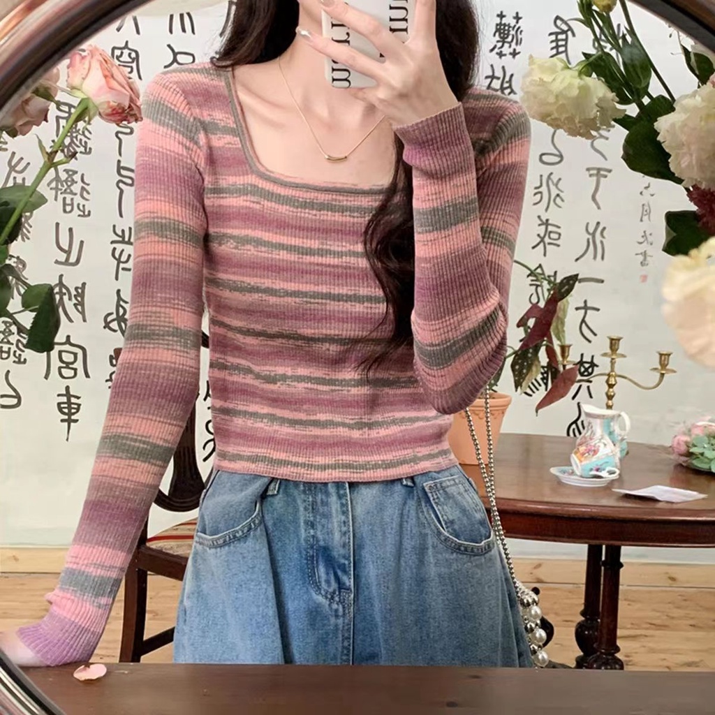 Atasan Rajut Stripe Wanita Crewneck Lengan Panjang Sweater