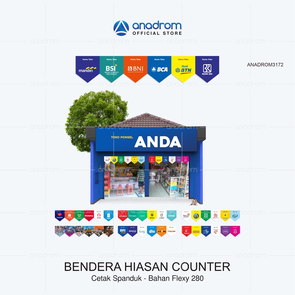 Spanduk Bendera Hiasan Konter Segitiga | Renda Hiasan Operator Seluler - Tagihan - Bank - Handphone 