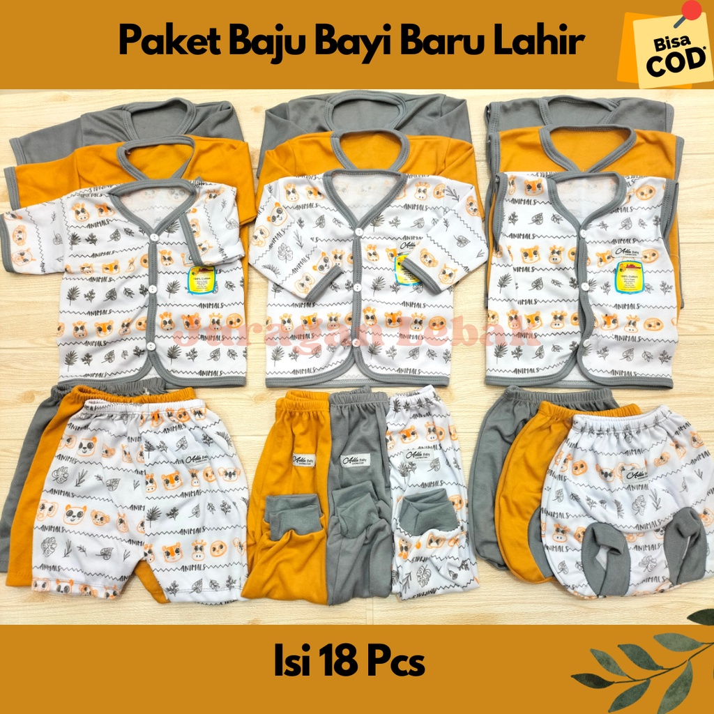 Paket Lahiran 18Pcs, Setelan Baju Bayi Baru Lahir Kekinian Motif Animal kombinasi warna Abu dan Mustard Baby Gift Set - Juragan Lebak