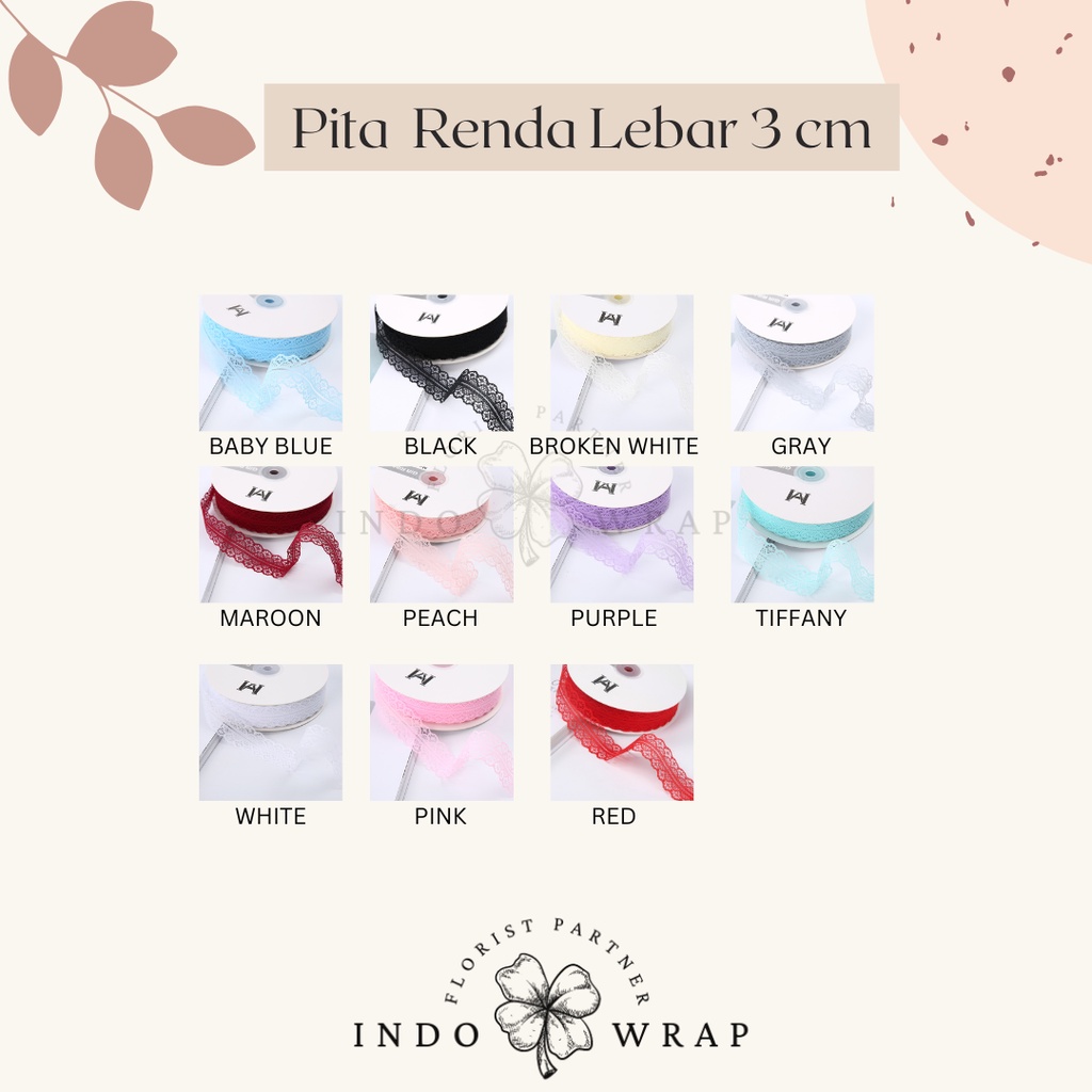 

[1 ROLL] PITA IMPORT RENDA LEBAR 3CM PREMIUM ROLL GROSIR PITA KADO GIFT BOUQUET BUNGA DEKORASI