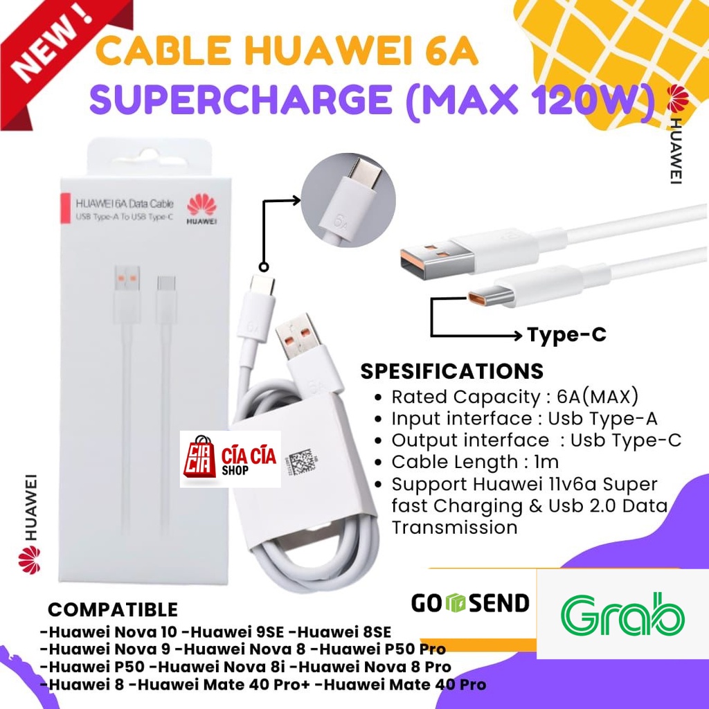 Kabel charger Huawei 6A Usb To Type C Supercharge Huawei Type C Mate 40 Pro P50 Nova 8i Nova 8 Pro Nova 9 Nova 10 9SE