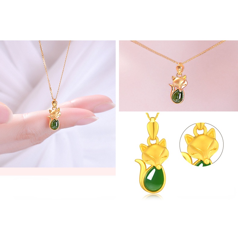 Goldkingdom Perhiasan Fashion 24K Bangkok Aksesoris Ready Stock Pirus Kalsedon Liontin Wanita Lapis Emas Asli Kadar 375 Giok Rubah Kalung Untuk Wanita