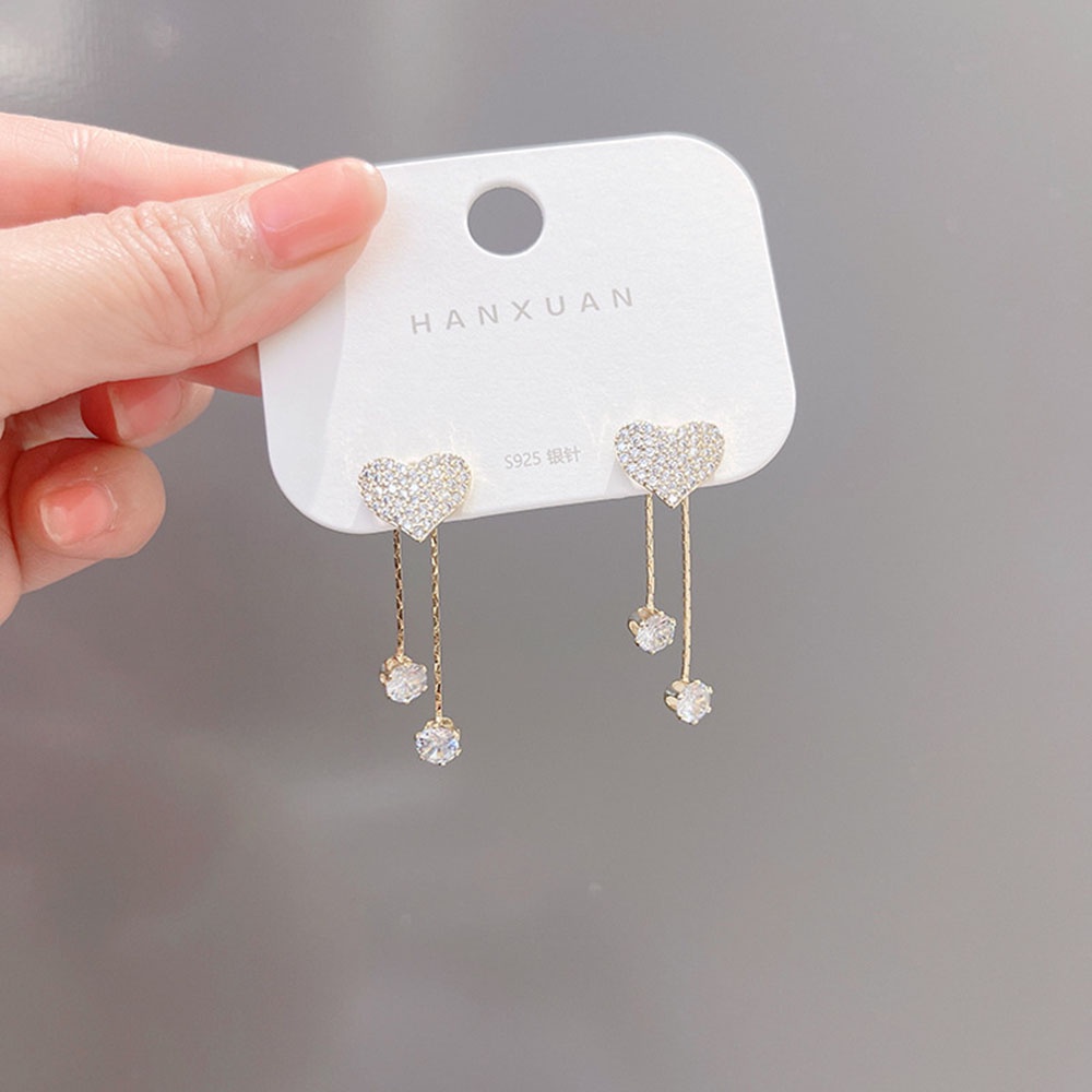 【COD Tangding】Anting Tusuk Gantung Asimetris Desain Hati Hias Berlian Untuk Wanita