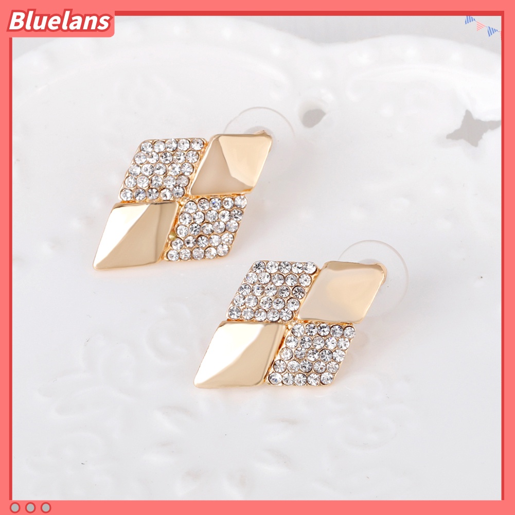 Bluelans Women KC Gold Plated Rhombus Shape Necklace Earrings Rhinestones Jewelry Set