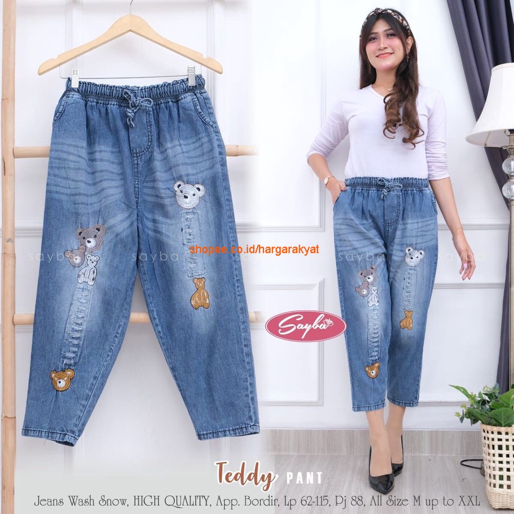 KOALA Pants Celana Boyfriend Jeans Bordir Pinggang Karet Dengan Aplikasi Sobek