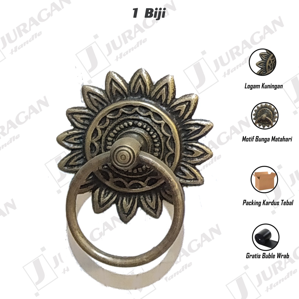 handle pintu tarikan gebyok bahan asli kuningan - gagang pintu model tarik motif bunga matahari antik