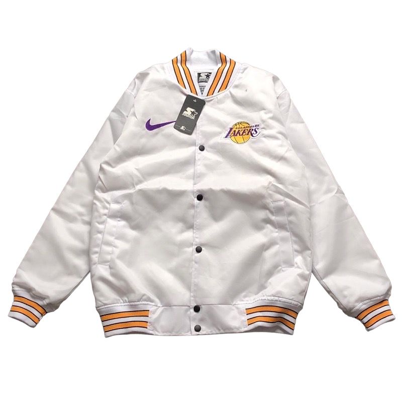 JAKET BOMBER VARSITY BASKET  LAKERS X NIKE Bodir Putih Fulltag PUTIH TERMURH PRIA WANITA