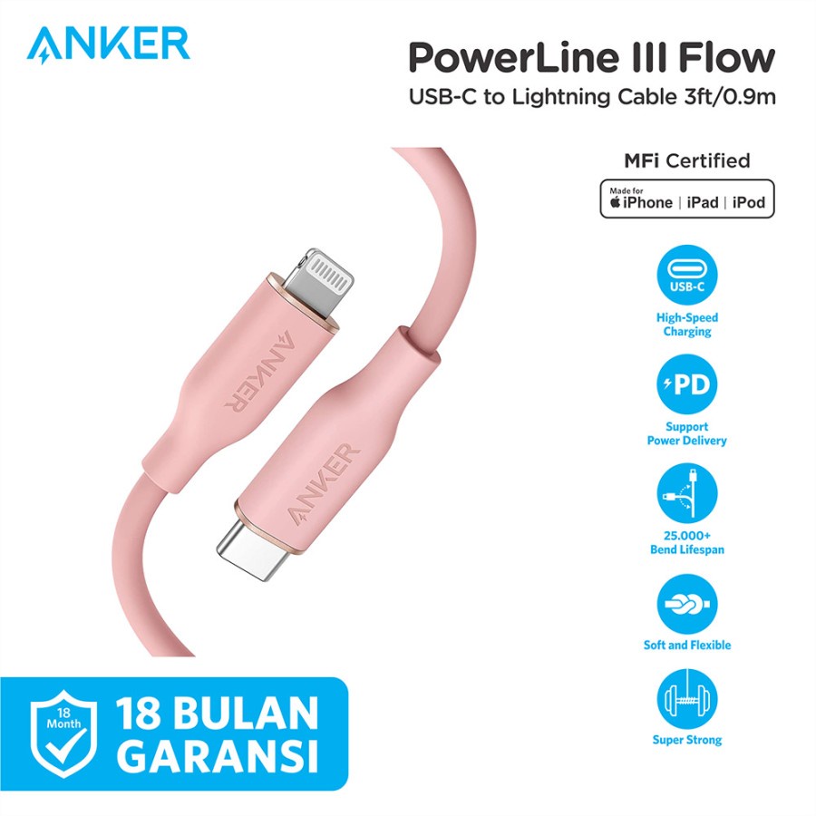 Kabel Charger Anker PowerLine Flow USB-C to Lightning Cable 3ft A8662