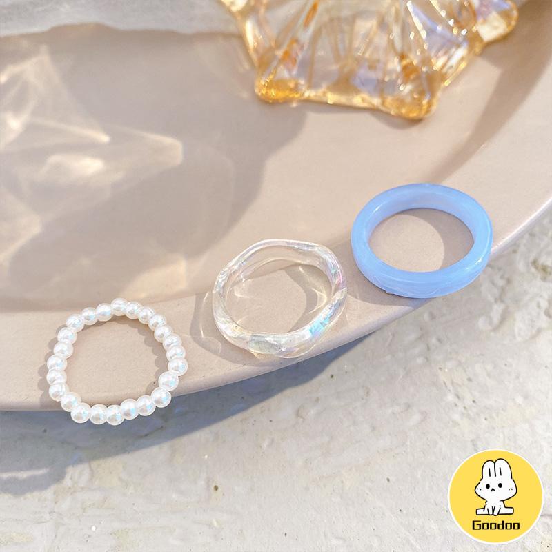 3Pcs/Set Cincin Resin Sederhana Cincin Mutiara Wanita Set Cincin Akrilik Premium-Doo