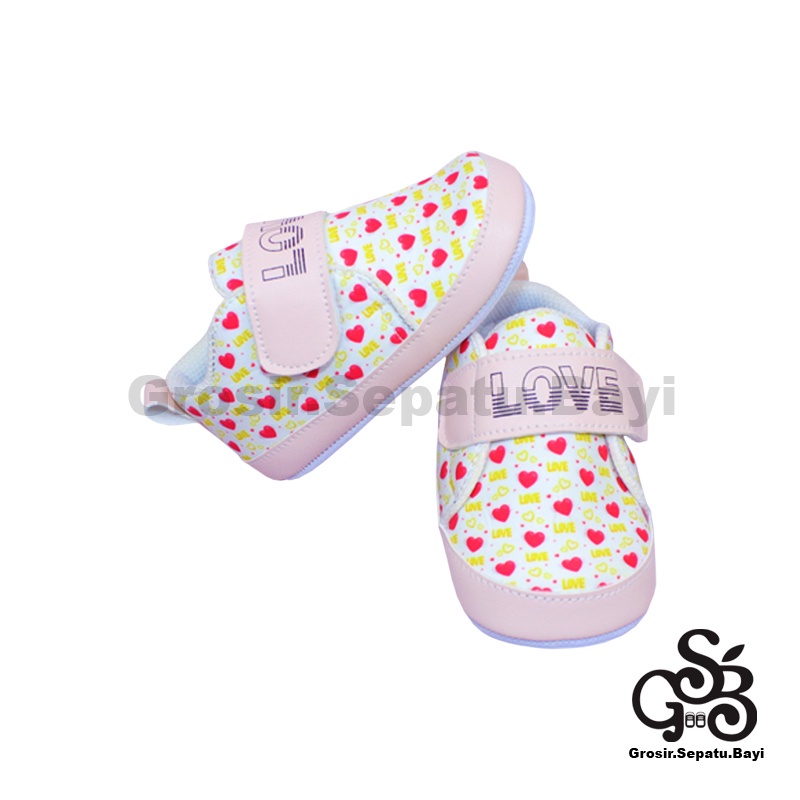 Sepatu Bayi - Baby Shoes - Prewalker  | 2-12 bulan | motif LOVE Pink ringan &amp; fleksibel