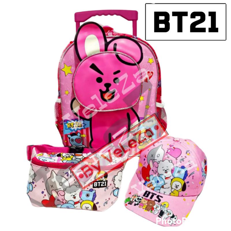 TAS RANSEL TROLI ANAK KARAKTER BT21 3in1 - TAS + WAISTBAG + TOPI