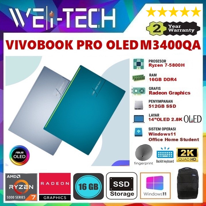 ASUS VIVOBOOK PRO 14X OLED M3400QA - RYZEN 7-5800H 16GB 512GB SSD BACKLIT KB 14"2.8K OLED WIN11 OHS